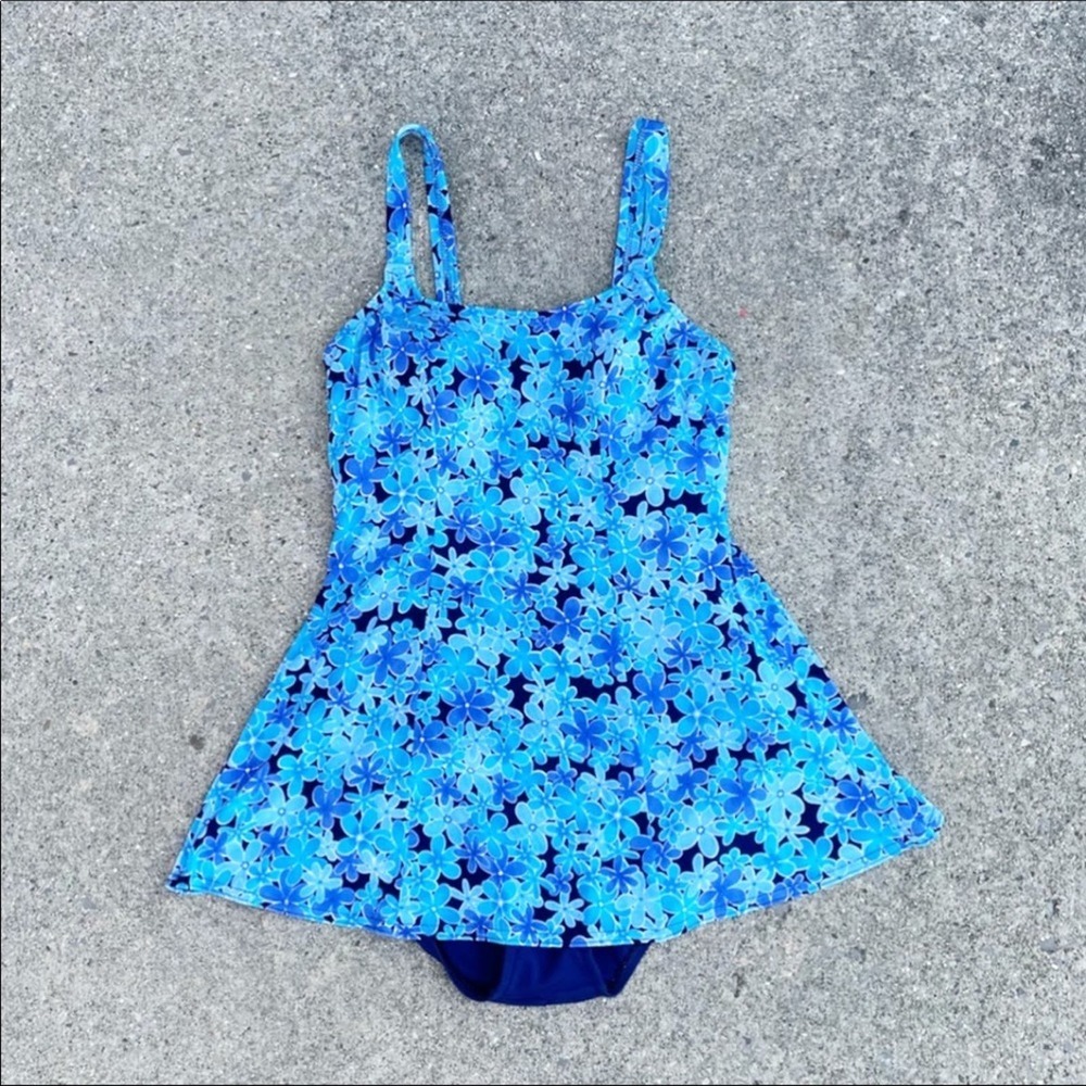 Vintage Y2K blue floral print swim dress swimsuit